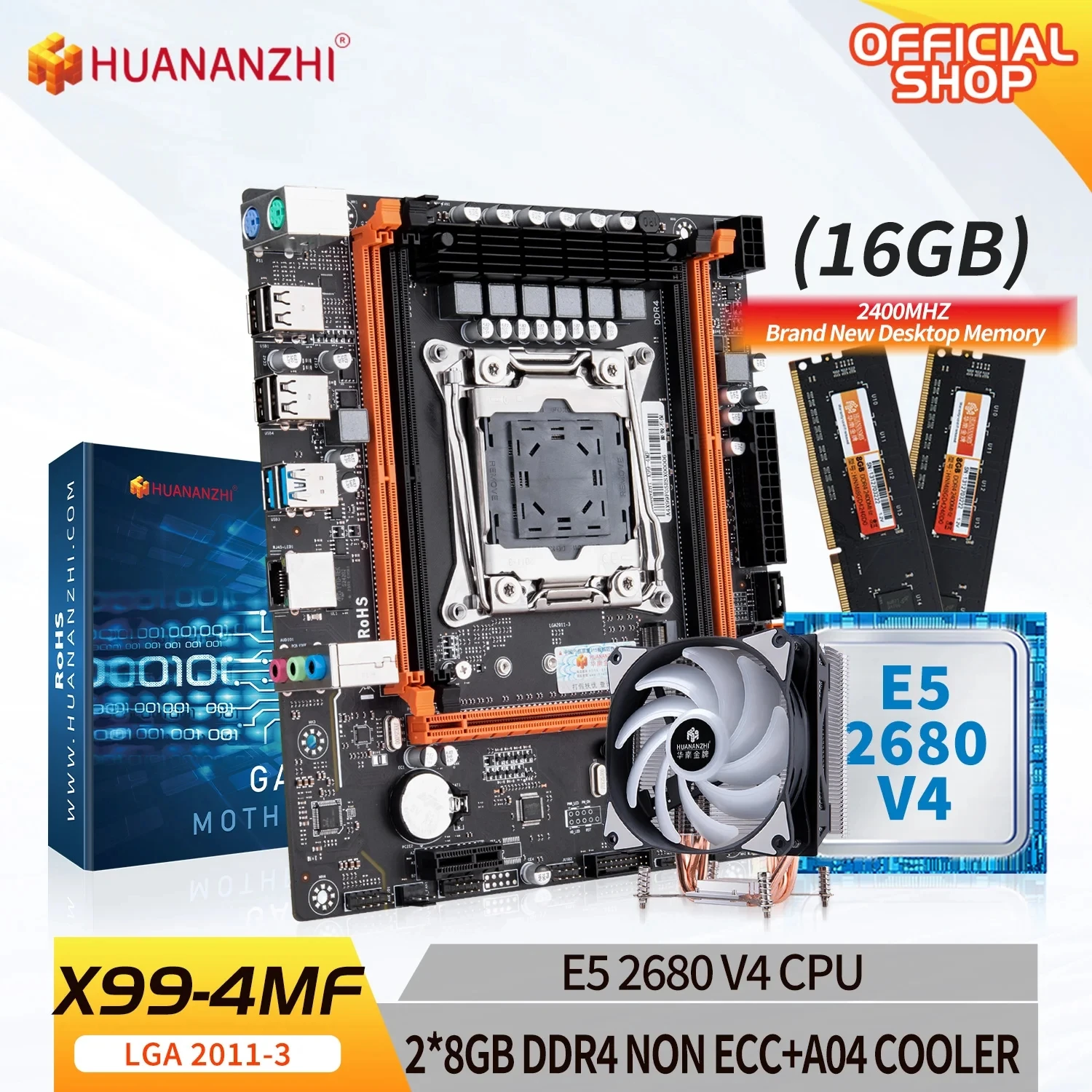 HUANANZHI 마더보드 콤보 키트 세트, 인텔 제온 E5 2680 v4, 2*8G DDR4 NON-ECC, A04 쿨러 포함, X99 4MF X99 