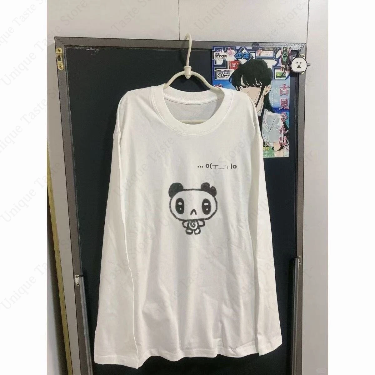 ‌Kawaii Crying Panda Long Sleeve T-shirt Vintage Y2K O (T ヘ T) O Emoticon Graphic Tee Harajuku Casual Cotton Top For Men Women