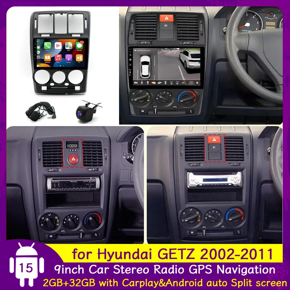9'' Car Stereo Radio GPS Navigation for Hyundai GETZ 2002-2011 Android15 with Carplay Android Auto Bluetooth WiFi FM/RDS 2+32G