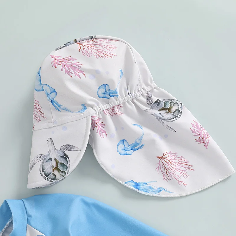 Baby Girl Rash Guard Swimsuit with Hat 2 Pcs Set Mermaid Starfish Pattern Zip Up Long Sleeve Crew Neck Toddler Girl Swimwears