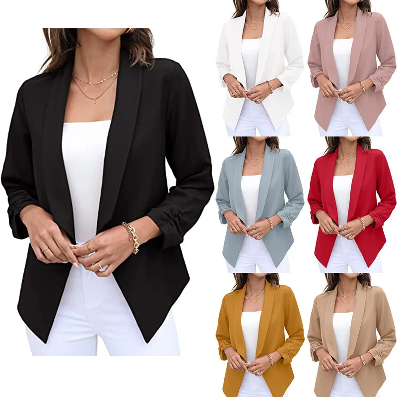 Female Solid Color Korean Chic Spring Skinny Pockets Elegant Coats Not Button Minimalist Temperament Long Sleeve Suit Cardigan