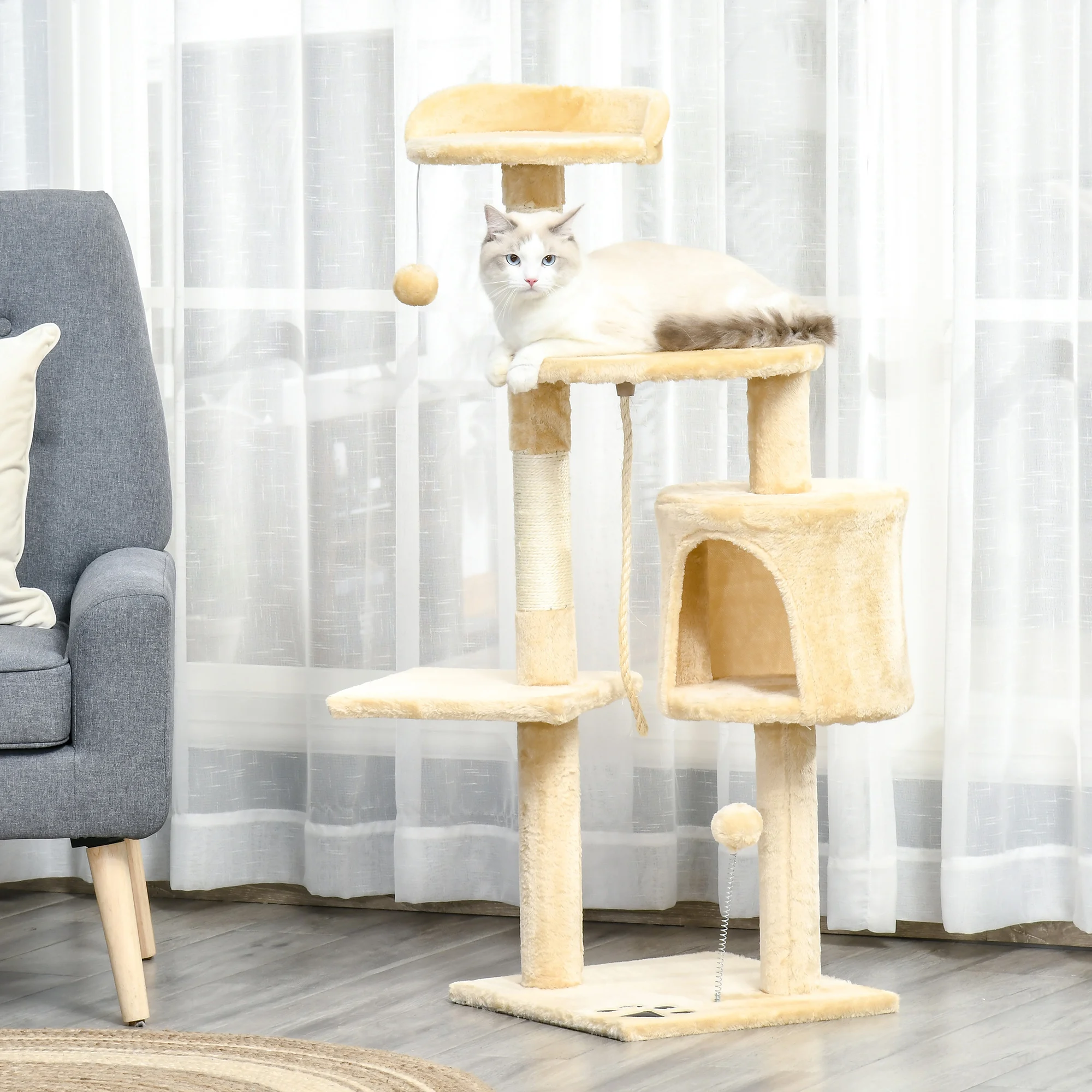 PawHut Multi-accessoire kattenboom, speelpaal, platforms, sisaltouw, speelgoed, 40L x 40L x H cm, beige