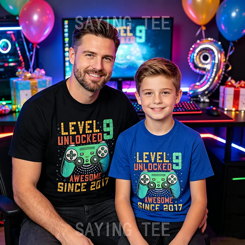 Level 9 Freigeschaltet – Fantastisch seit 2017 Gaming-T-Shirt – Geschenk zum 9. Geburtstag für 9-jährige Jungen – Gamer-T-Shirt – Coole Geschenke für Söhne zum Geburtstag – Detail 3