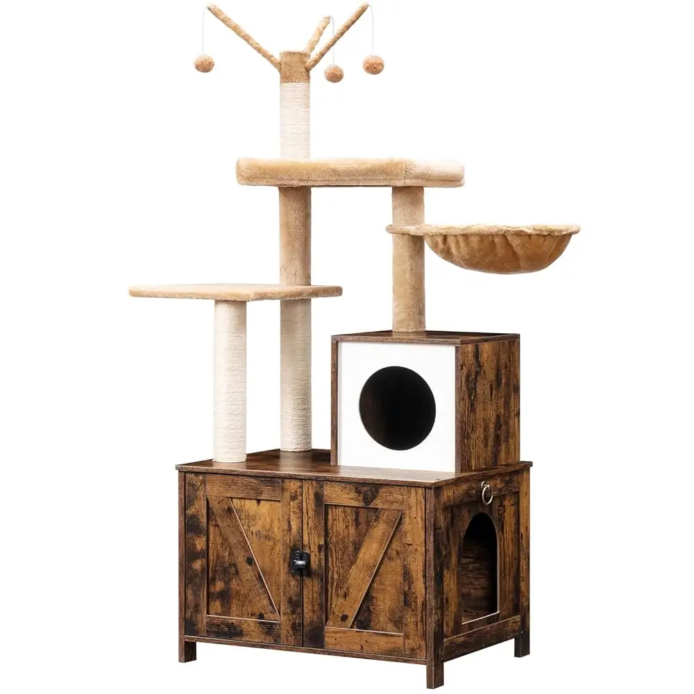 

Cat Tree With Litter Box Enclosure For Indoor, Wooden Cat Condo With Scratching Posts, Hidden Litter Box Furniture, All-In-One