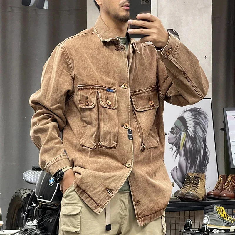 Men's spring and autumn vintage overalls shirt jacket casual loose cardigan