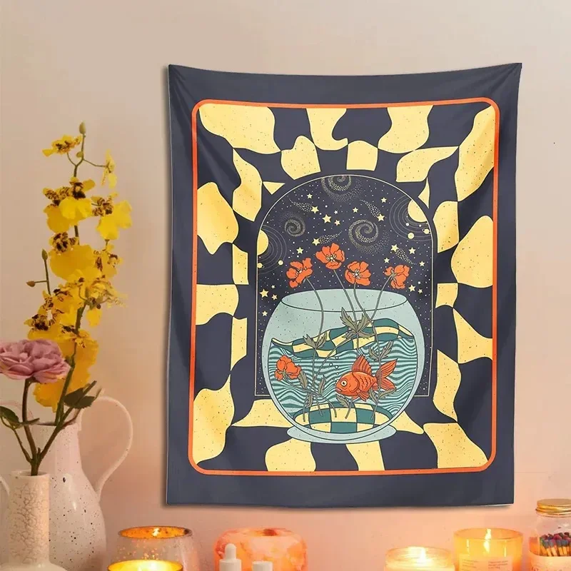 Psychedelic Goldfish Tapestry Wall Hanging Star Geometry Flower Decor Minimalist Print Bohemian Art Wall Decor Mural 240807