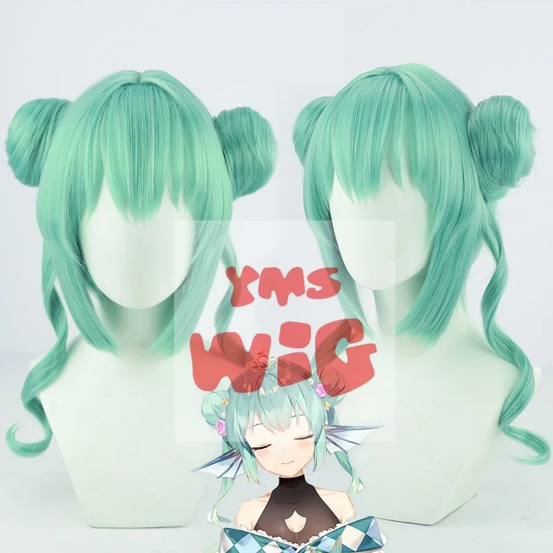 2022 NIJISANJI LazuLight Idol Vitual Youtuber Vtuber Finana Ryugu Cosplay Wig Green Short Buns Long Curly Wavy Hair Halloween