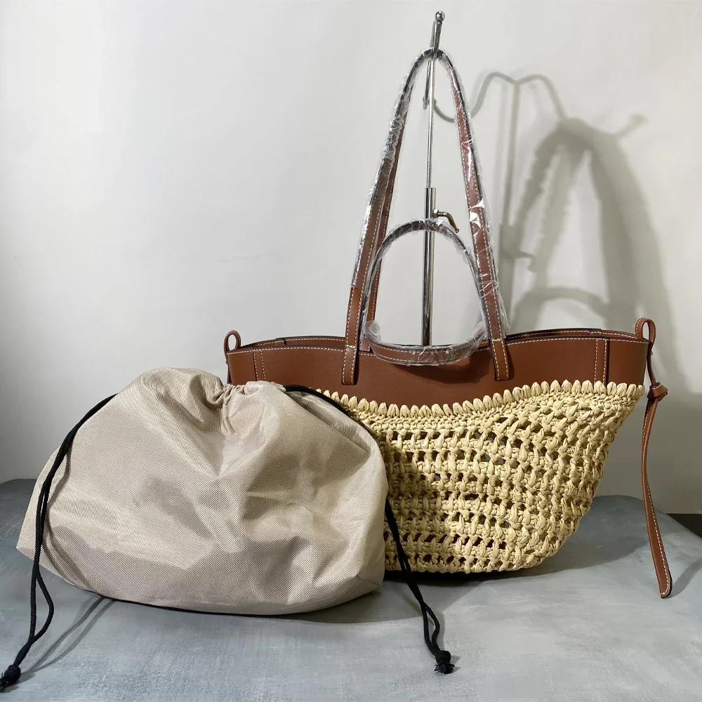 

Соломенная пляжная сумка ручной работы с внутренним карманом и магнитной пряжкой, искусственная кожа премиум-класса, большая вместимость