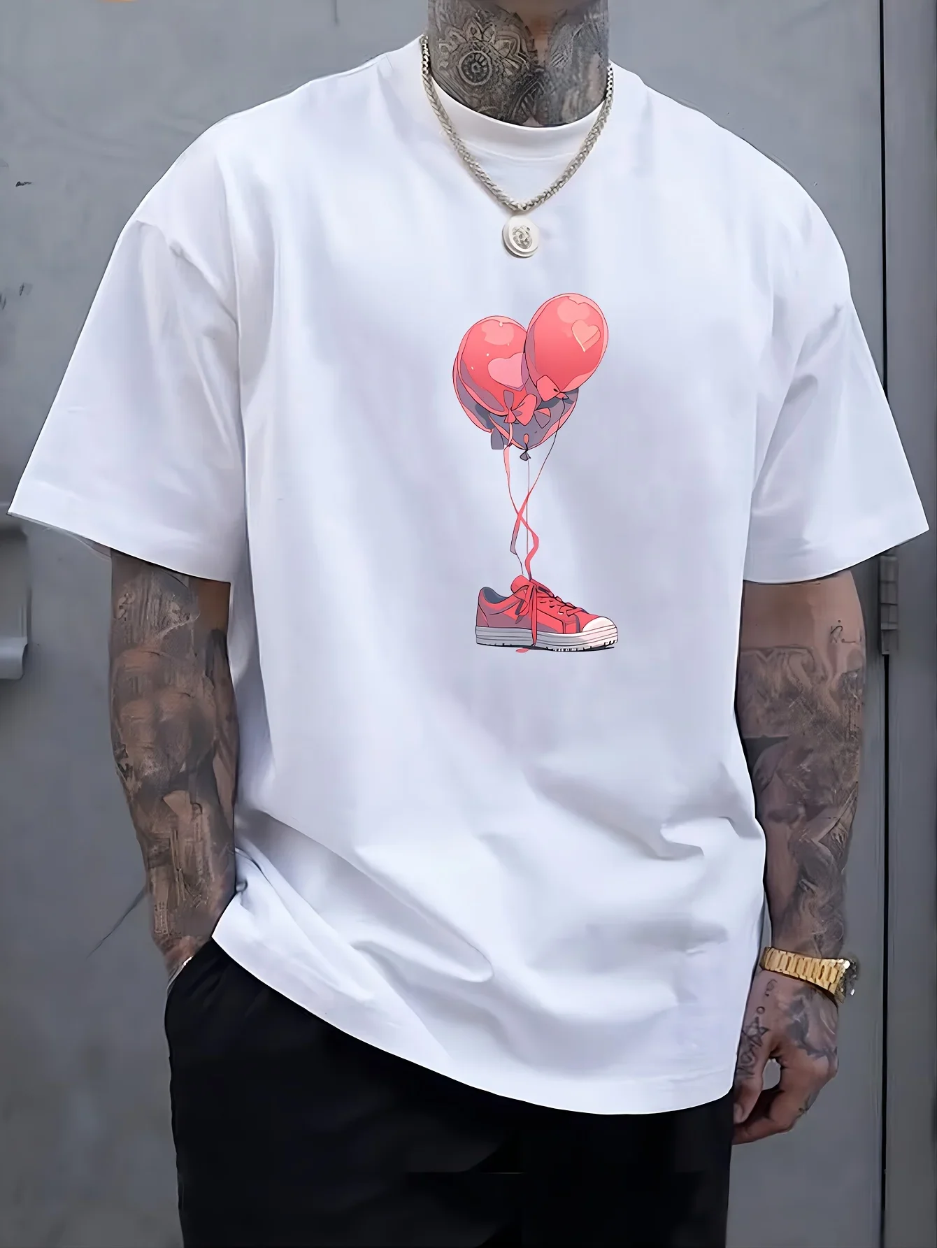 Cartoon Balloon Sneaker Graphic Mens T Shirt Heart Balloon Art Short Sleeve Crew Neck Cotton Tee Street Casual Wear Top