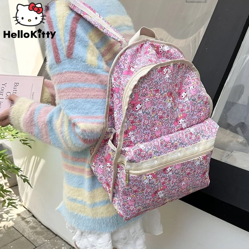 

14 inch My Melody Flower Printed Zipper Cartoon Cute Backpack Student Classroom Commuting Schoolbags Lightweight Travel Backpack