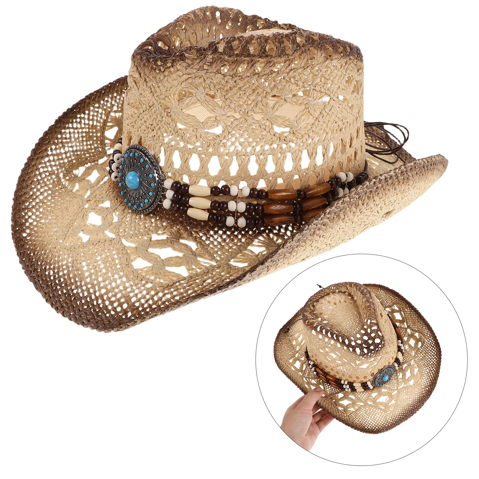 

Women's Western Cowgirl Hat Lightweight Straw Sun Hat Vintage Wide Brim Cap for Holiday Festival Photography