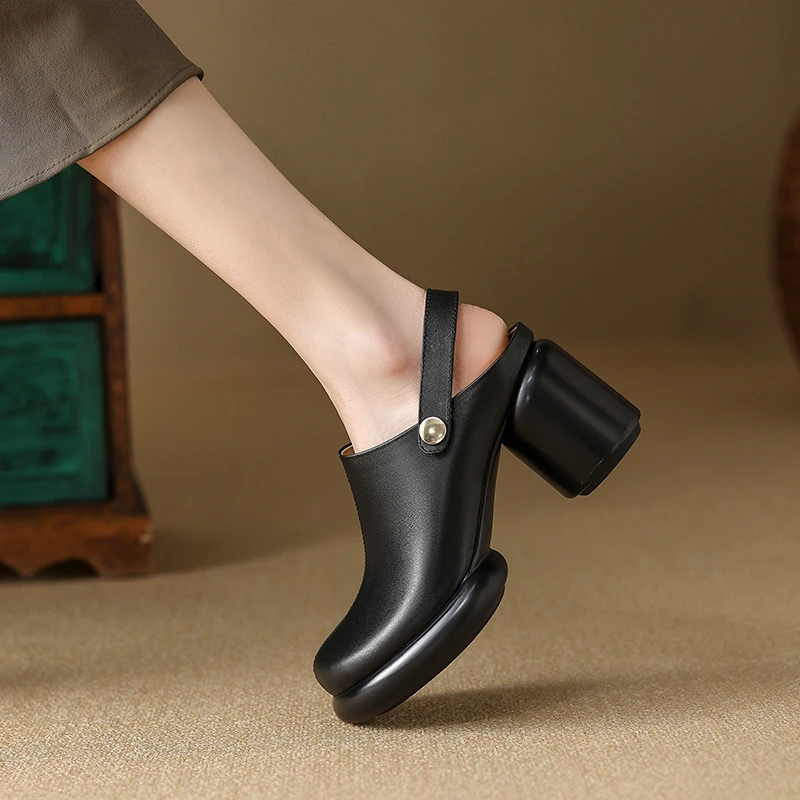 2026 new summer women sandals natural leather 22-24.5cm cowhide+pigskin round toe back-buckle high heel women shoes fashion