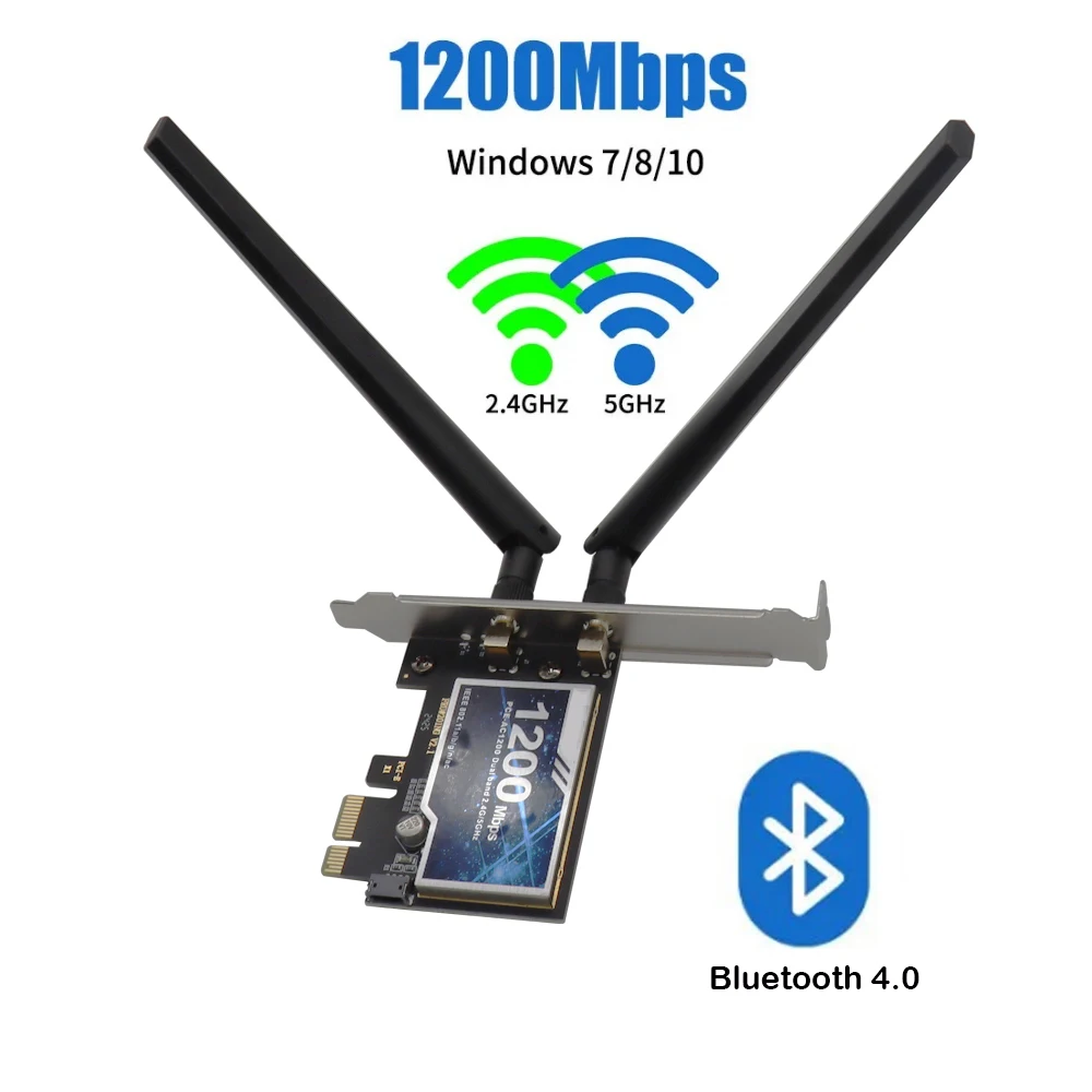 

Dual Band WiFi 5 PCI-E Wireless Adapter AC1200 Network Card 2.4G/5GHz 802.11AC For Bluetooth 4.2 Desktop Windows 7/8/10/11