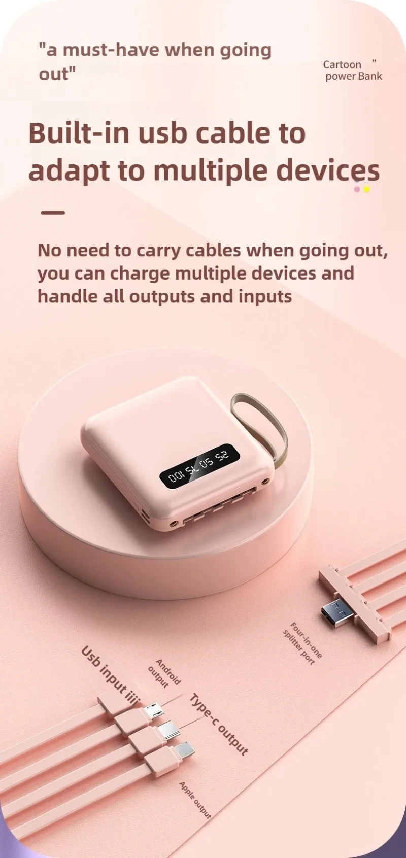 ミニ10000mAhモバイルバッテリー 内蔵ケーブル付き デジタルディスプレイ搭載 iPhone、Samsung、Xiaomi対応