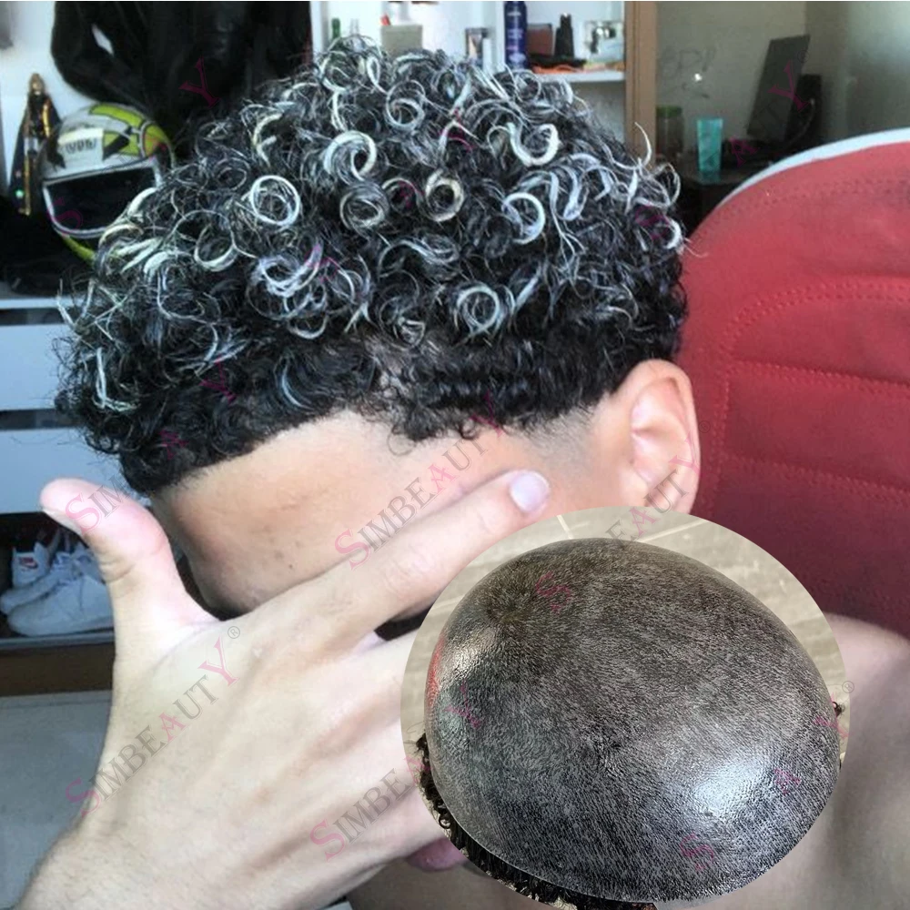 

12mm Afro Curly Full Skin PU Base 1b50 1b65 Grey Black Human Hair Men's Toupee Durable Male Prosthesis System Brown Hairpieces