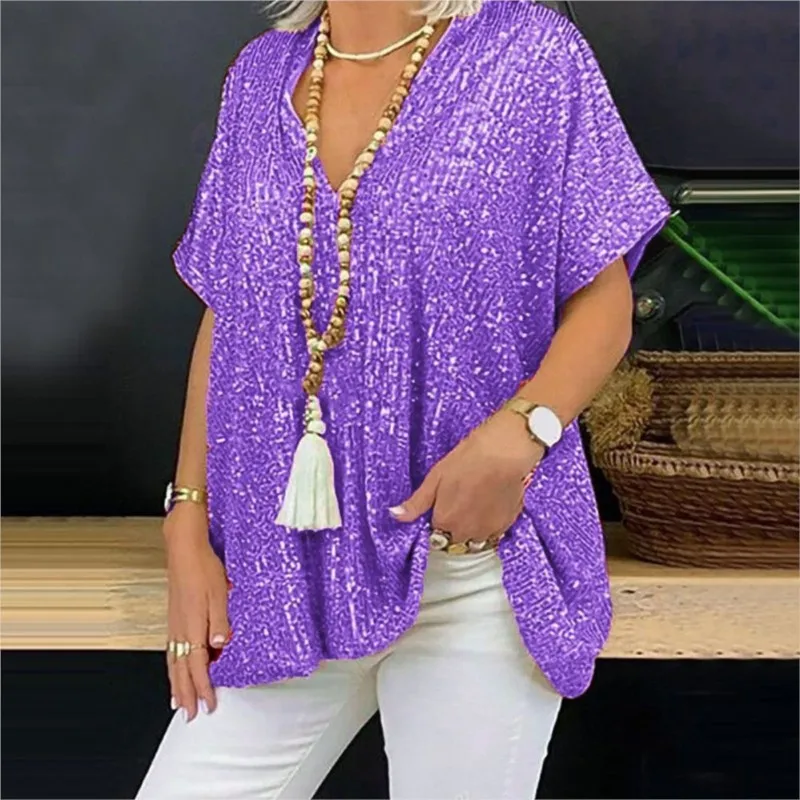 

Pink Sequins Decoration Loose blouses Ladies Trend Streetwear Summer Short Sleeve Deep V Neck Pullover Tops Women's blusas 2025