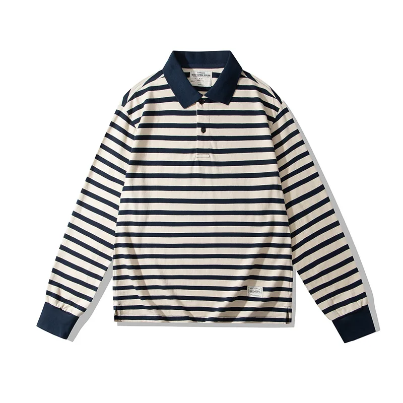 okonkwo-amekaji-230g-thick-heavy-lapel-t-shirt-stripe-long-sleeve-shirt-outdoor-trekking-hiking-climbing-fitness-sports-clothing