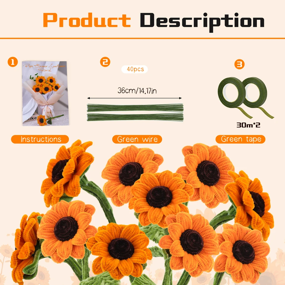 MIUSIE Sunflowers Kit Chenille Stems Rod Wool Root Fluffy Twist Sticks Plush DIY Craft Supplies Toys Home Decoration