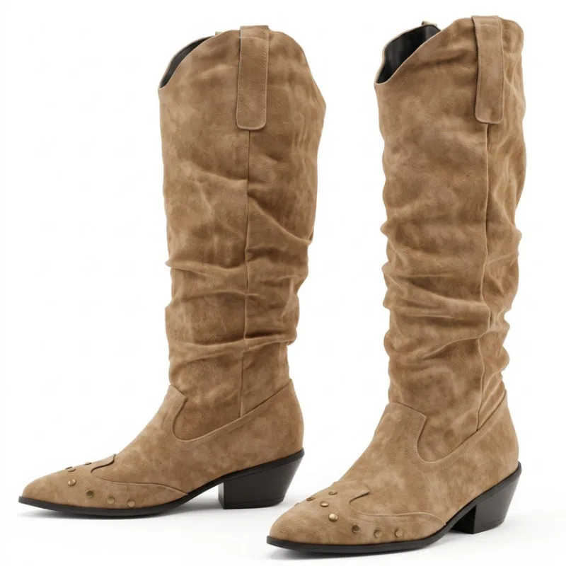 2026 Faux Suede Vintage Trouser legs Western Boots Brown Women Rivets Punk Winter Shoes Knee High Boots