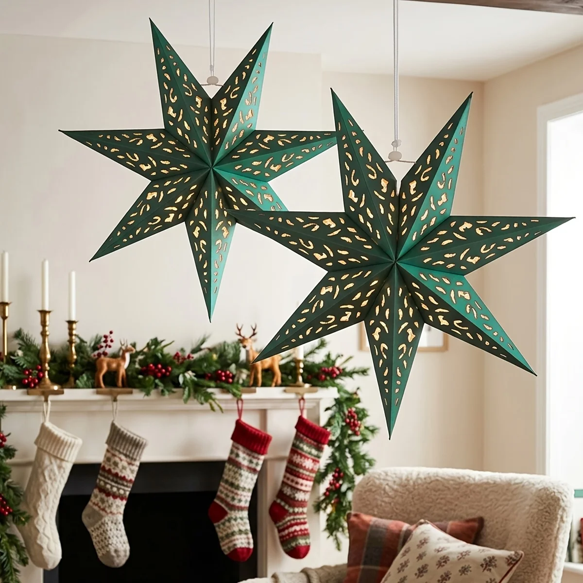 2pcs Pendants, Drops&Finials, 60cm/35cm, Hollow Out 7 Pointed Star Lampshade, Xmas Hanging Decor, Christmas Atmosphere Decor