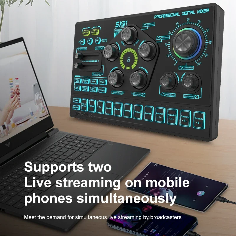 

Podcast Desktop Setup Sound Card SX91 Audio Card with Effects Podcast Condenser Microphone Recording Full Kit Streaming Studio