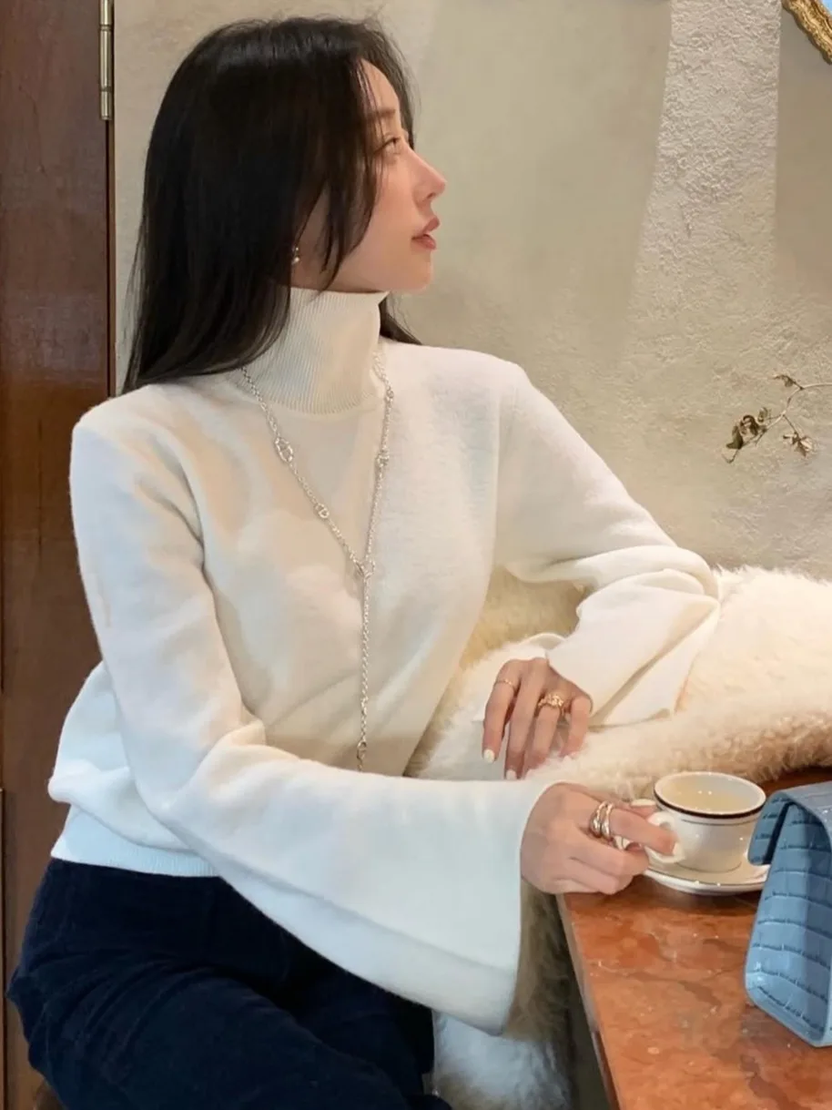 

Chic High Collar Knitwear Women's Sve Opening Bell Sve White Sweater French Sle Faionable Winter Top for Teen Girls