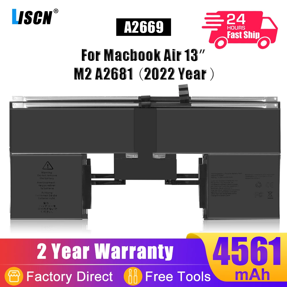 

LISCN Newest 52.6Wh A2669 Laptop Battery For Apple MacBook Air 13 inch M2 A2681 (2022 Year) 11.54V 4561mAh 661-26150 Free Tools