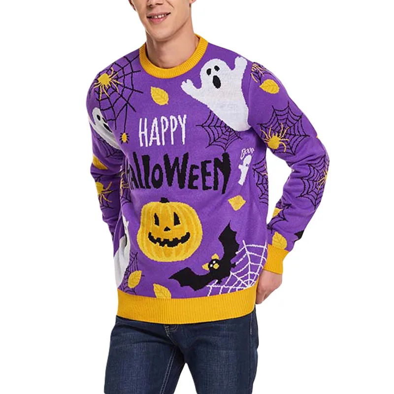 Suéter de punto con estampado de calabaza de Halloween para hombre, jersey de manga larga, jerséis casuales de otoño, Tops, ropa de calle