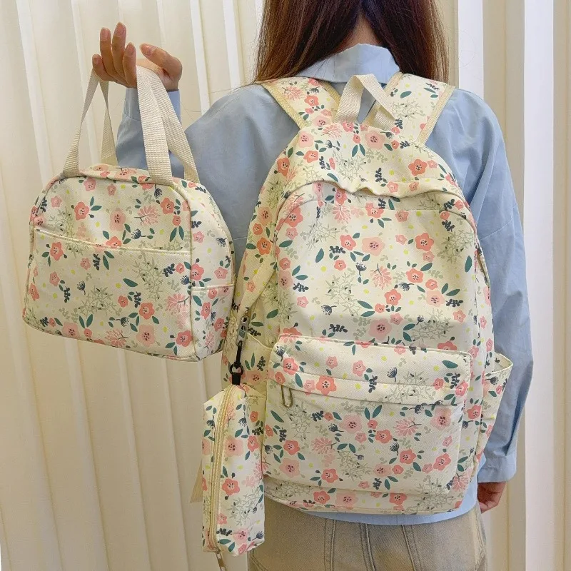 3 Piece Floral Backpack Set Student School Bag Large Capacity Women Backpack with Handbag Pencil Case Lightweight Durable Nylon