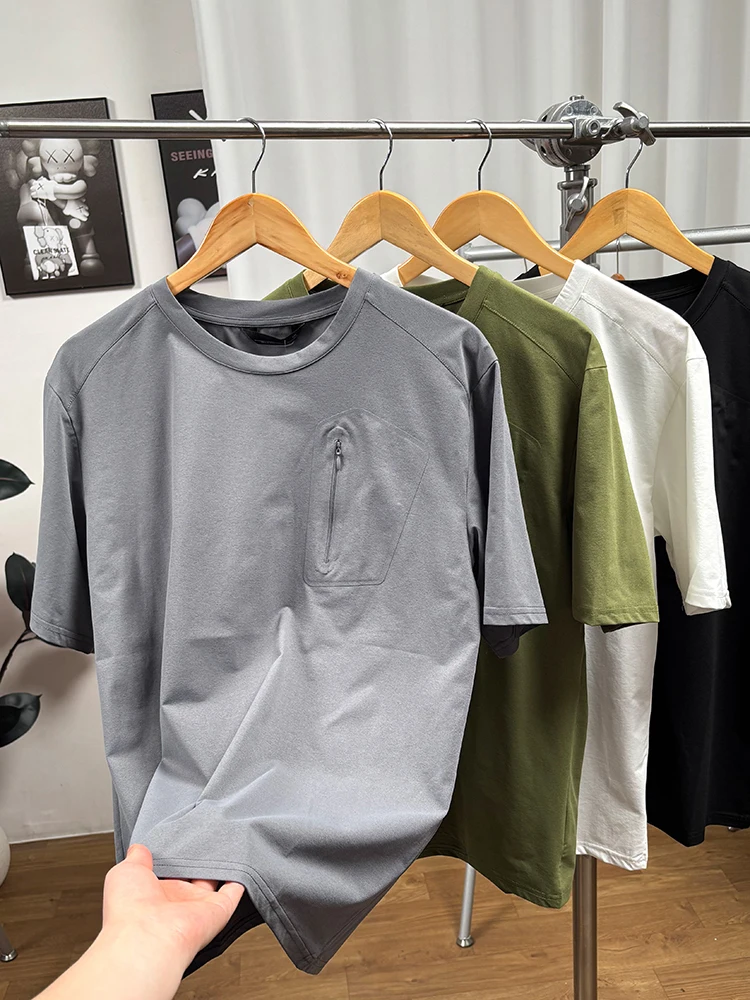 Outdoor Summer Men's Fashion Casual Sports round Neck Short Sleeve T-Shirt Quick Dry Glued Pocket Loose Fit Modern Style Pure...