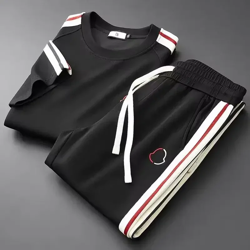 High-Grade Summer Silky Short Sleeve Sports Set Men\'s High-End Embroidery T-shirt Ribbon Straight Sweatpants Two-Piece Set