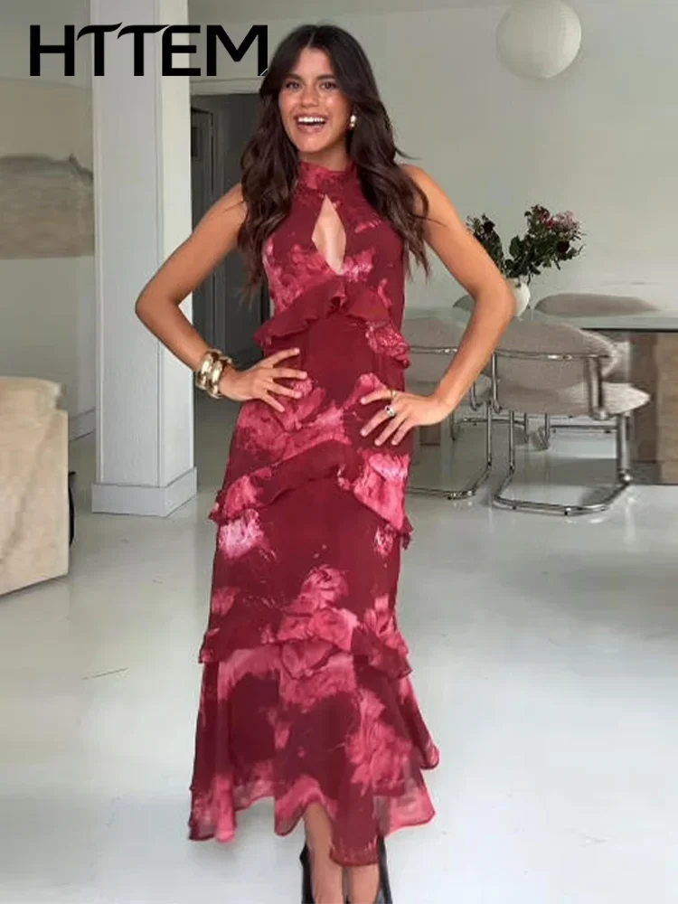 Sexy bedrucktes Rüschenkleid für Damen, langes, elegantes Neckholder-Kleid, rückenfrei, ärmellos, mit Aussparungen, Damenrobe, Sommerparty, Urlaub, Neu 2026