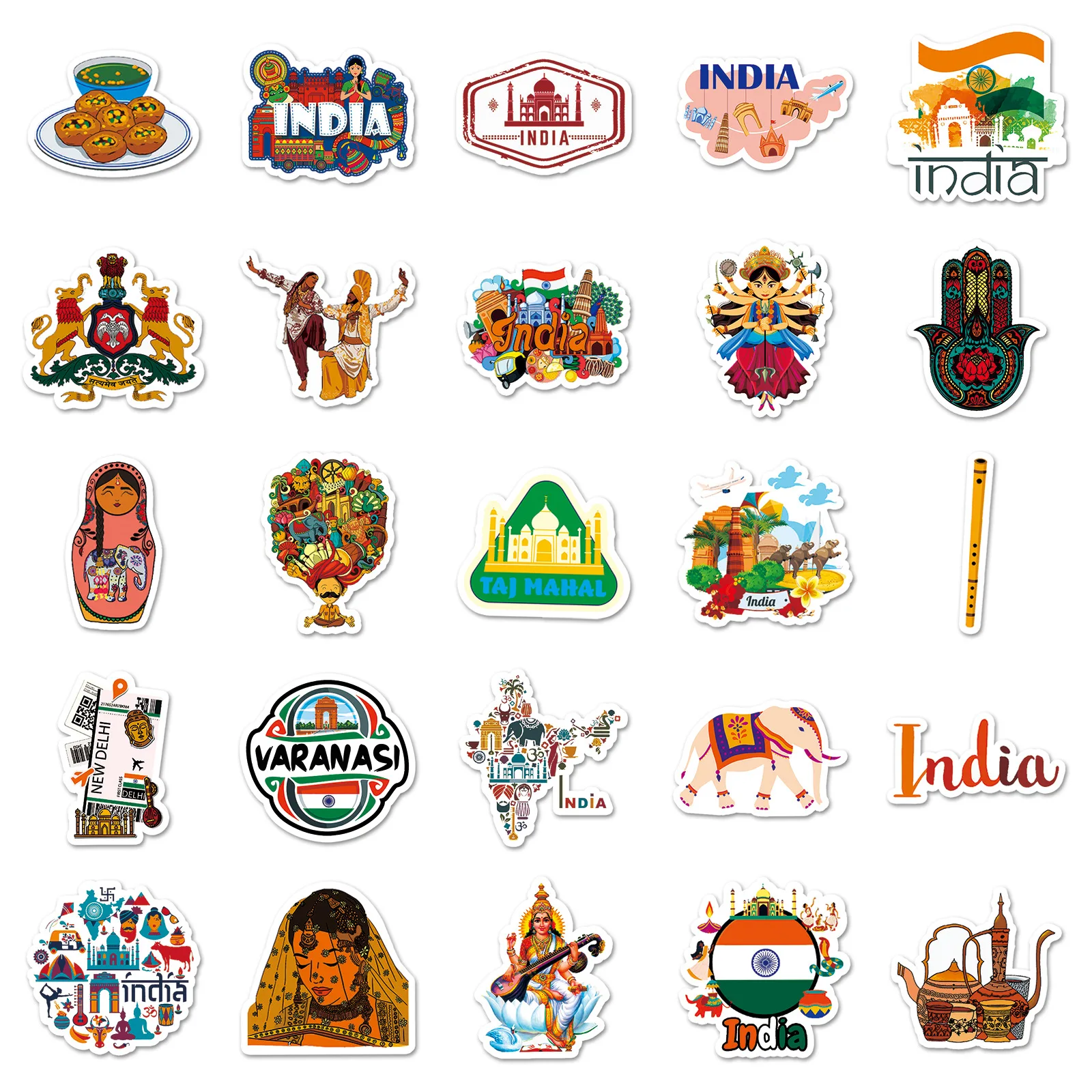 50PCS India Cartoon Stickers Tourism Scenery Graffiti Landmarks Decals Culture Decoration Laptop Guitar Car Bike Decoration