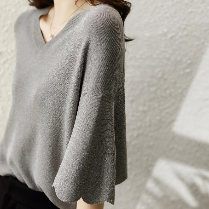 Summer Knitted Women Blouses Fashion Spring Half Sleeve Shirt Petal Sleeve V-neck Casual Loose Top Elegant Gray Clothing