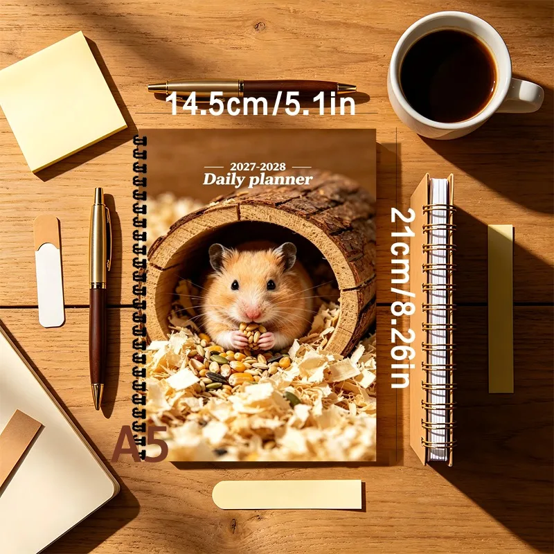 A5 2027-2028 Daily Planner Spiral Monthly Planner, Cute Hamster Pattern Office Diary Study Supplies School Supplies