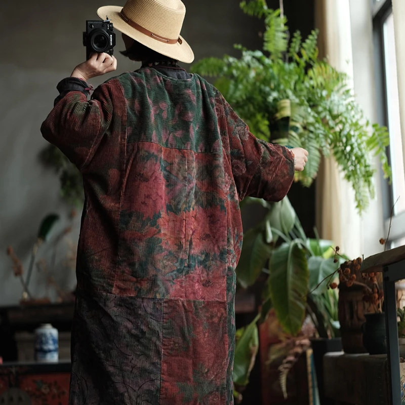 100% Cotton Women Thick Warm Casual Dress New Arrival 2025 Autumn Vintage Style V-neck Print Loose Female Long Dresses M2059