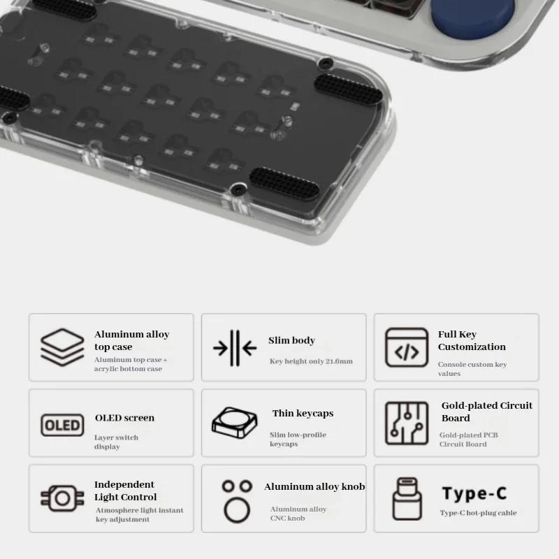 Doio Aluminum Alloy Mechanical Keyboard 4 Knobs Ps/Pr Custom Customization Programmable Mechanical Keyboard Workbench Kb15-01