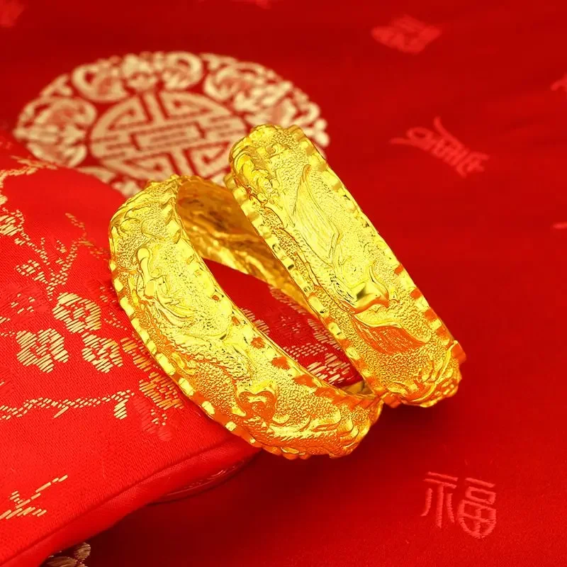 

Imitation Gold Wedding Jewelry Opening Relief Xiangyun Dragon and Phoenix Hundred Years Good Fit Bracelet Ornament