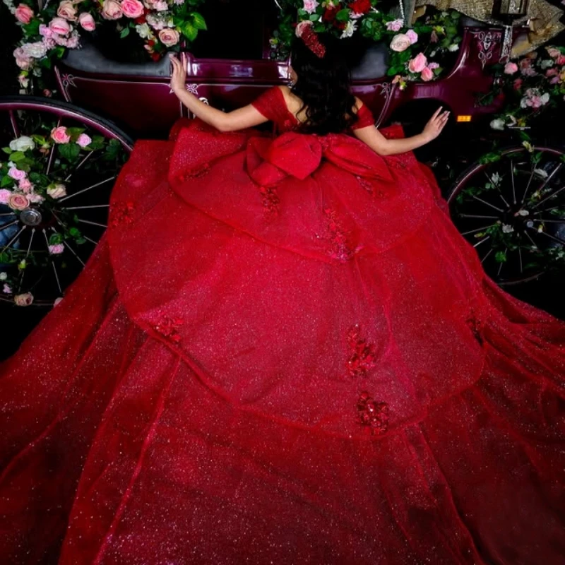 

Red Shiny Ball Gown Quinceanera Dresses Applique Flower Beading Crystal Bow Tull Corset Off The Shoulder Sweet 16 Dress vestidos