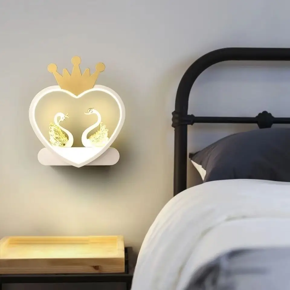 Nordic Love Heart Crown Wall Lamp for Princess Children\'s Room Aisle Bedroom Bedside Light Night Swan Strawberry Girl Ornament