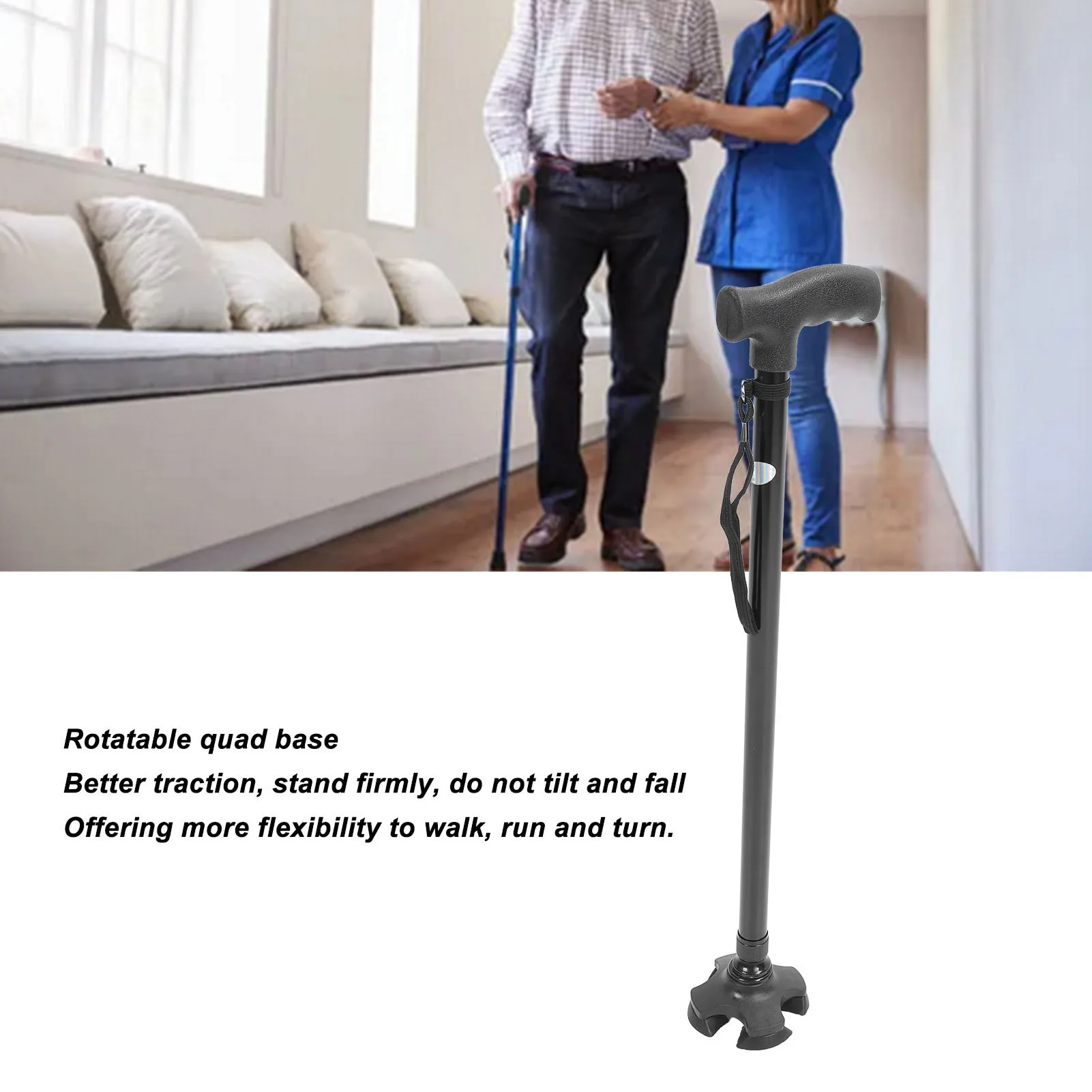 Adjustable Walking Stick High Strength Rubber Bottom Quad Cane Anti Slip Portable with 4 Pronged Base for Elderly for Outdoor