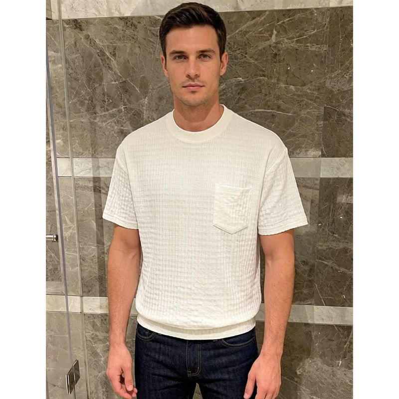 Men's 260g Ribbed Jacquard T-Shirt, Short Sleeve with Chest Pocket, Heavyweight Casual Top 35% Cotton, Breathable Sweat-wicking