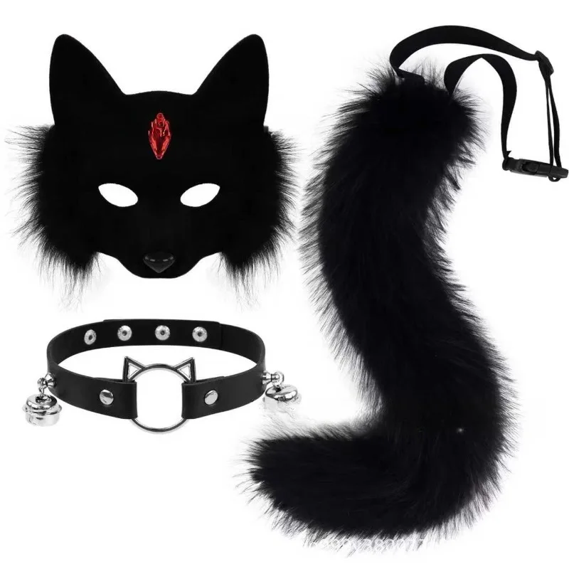 

Cat Wolf Fox Animal Tail Necklace Mask Set Halloween Party Cosplay Costume Accessory Faux Fur Headdress Leather Neck Chocker