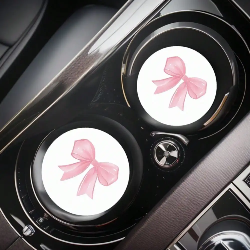 Set of 2 Pink Bow Design Cup Holders for Vehicles, Featuring Water-Absorbing Coasters, Non-Slip Interior Additions, Compatible w