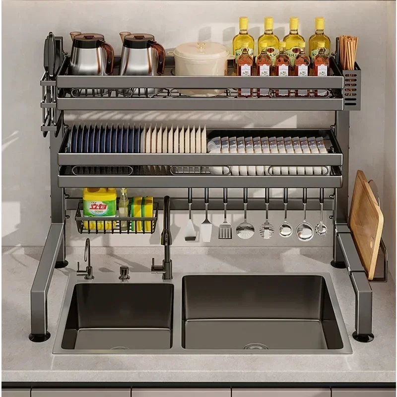 Multifunctional Dish Drainer Kitchen Sink Dishwashing Rack Double Layers Carbon Steel Storage Shelf Breathable Cutler Organizer