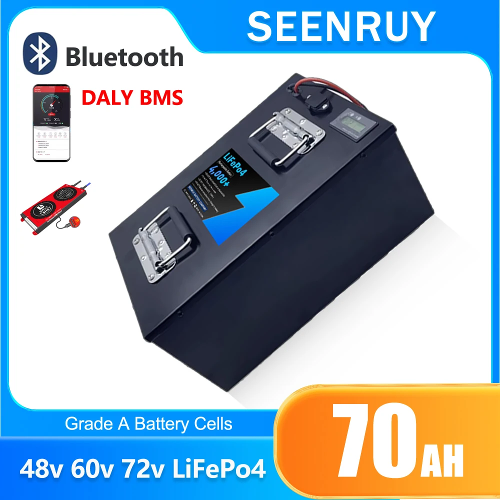

SEENRUY LiFePO4 48V 60V 72V 70Ah Lithium Battery Pack for Motorcycle Built-in Bluetooth BMS For 2000W 3000W 5000W Electric Cart