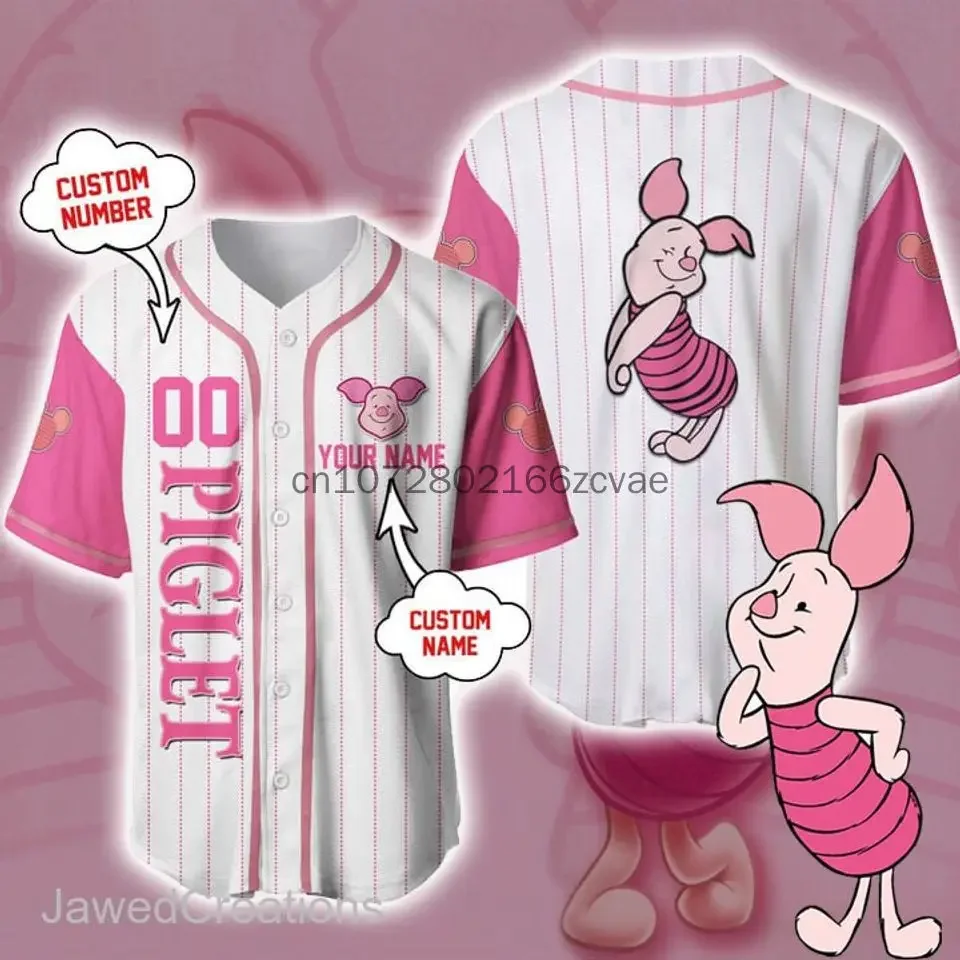 2024 New Disney Piglet Baseball Jersey Streetwear Fashion Summer Custom Name Men's And Women's Short Sleeved Baseball shirt