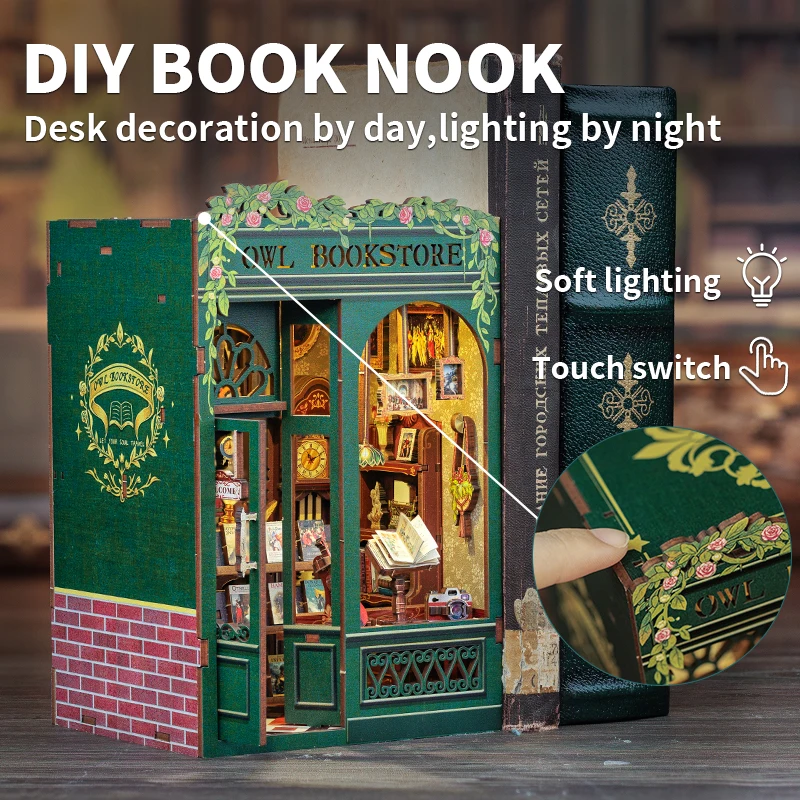 Cutebee Diy Mini Wooden Dollhouse Doll House  With Furniture Light Casa Miniature Owl Bookstore For Toys Birthday Gifts