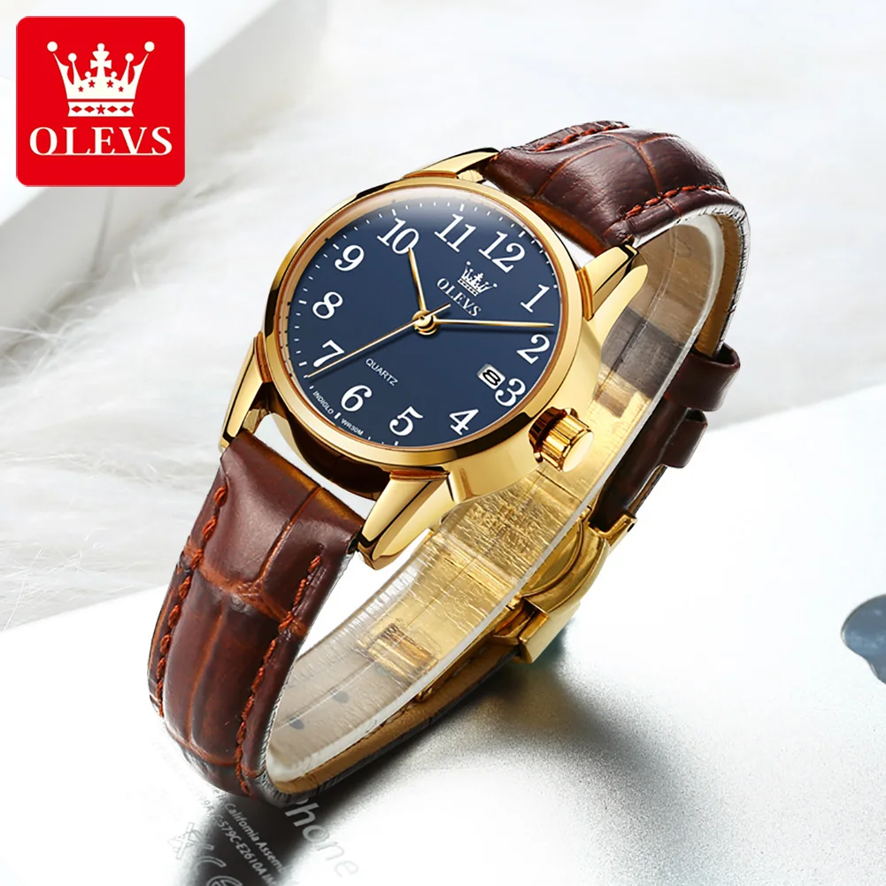 OLEVS-Relógio Quartz Impermeável para Mulheres, Relógios GMT, Pulseira De Couro Esportivo, Relógio De Data, Relógio De Pulso, Marca Top