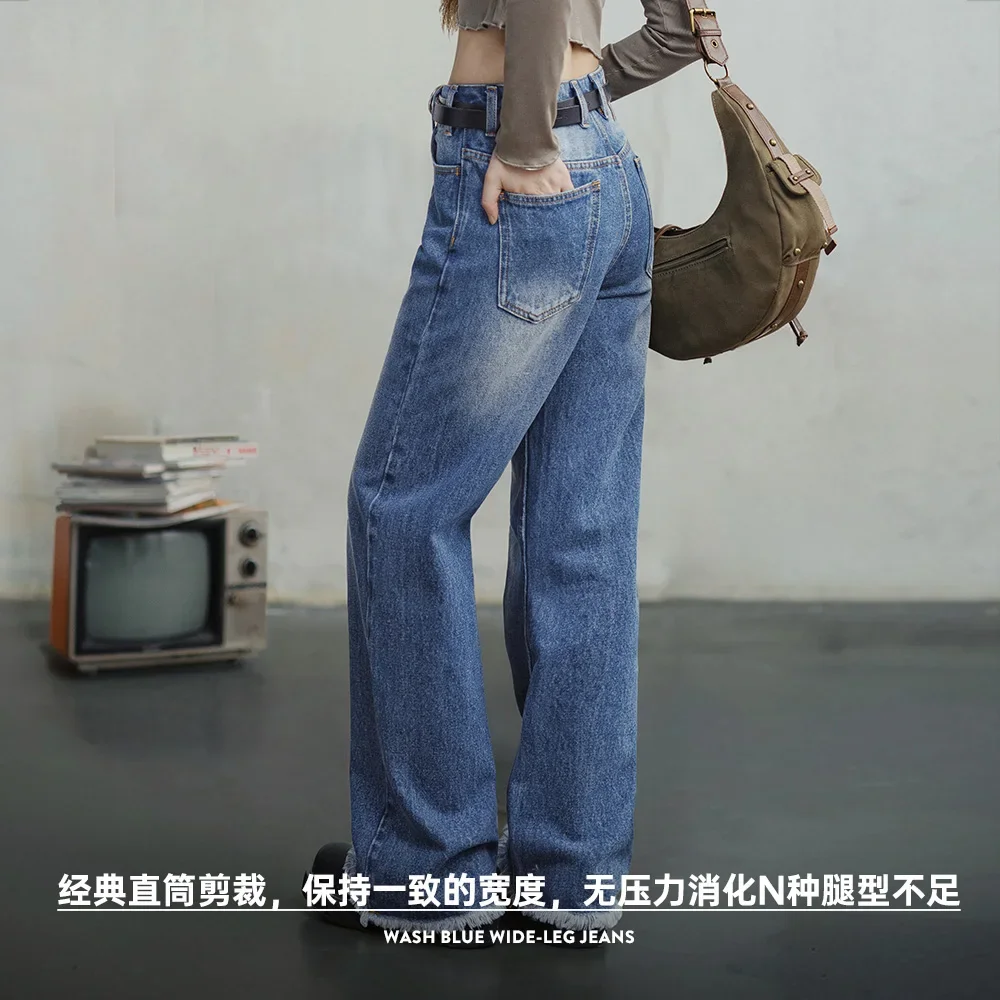 Maden Wash Blue Wide-leg Jeans for Women Autumn Straight Jeans Cotton Casual Frayed Pants Classical Denim Blue Trousers